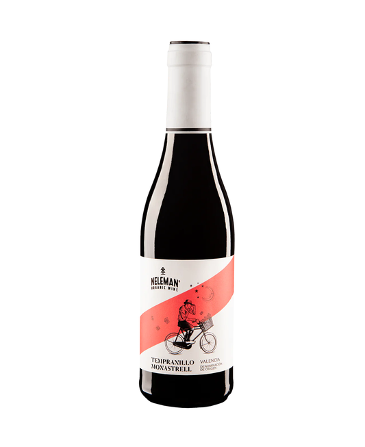 Flesje rode Neleman wijn met rode etiket waarop staat Tempranillo Monastrell