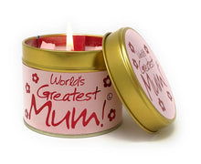 Afbeelding in Gallery-weergave laden, Vegan geurkaars in blik met tekst Greatest mum in rode letters op roze etiket
