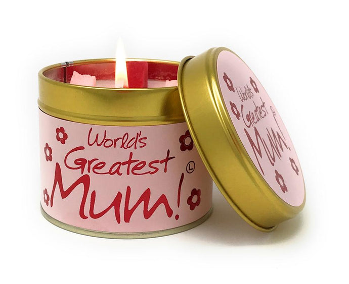 Vegan geurkaars in blik met tekst Greatest mum in rode letters op roze etiket
