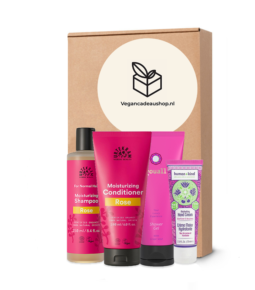 Vegan verwenpakket, roze flessen showergel shampoo en conditioner en een roze tube handcreme